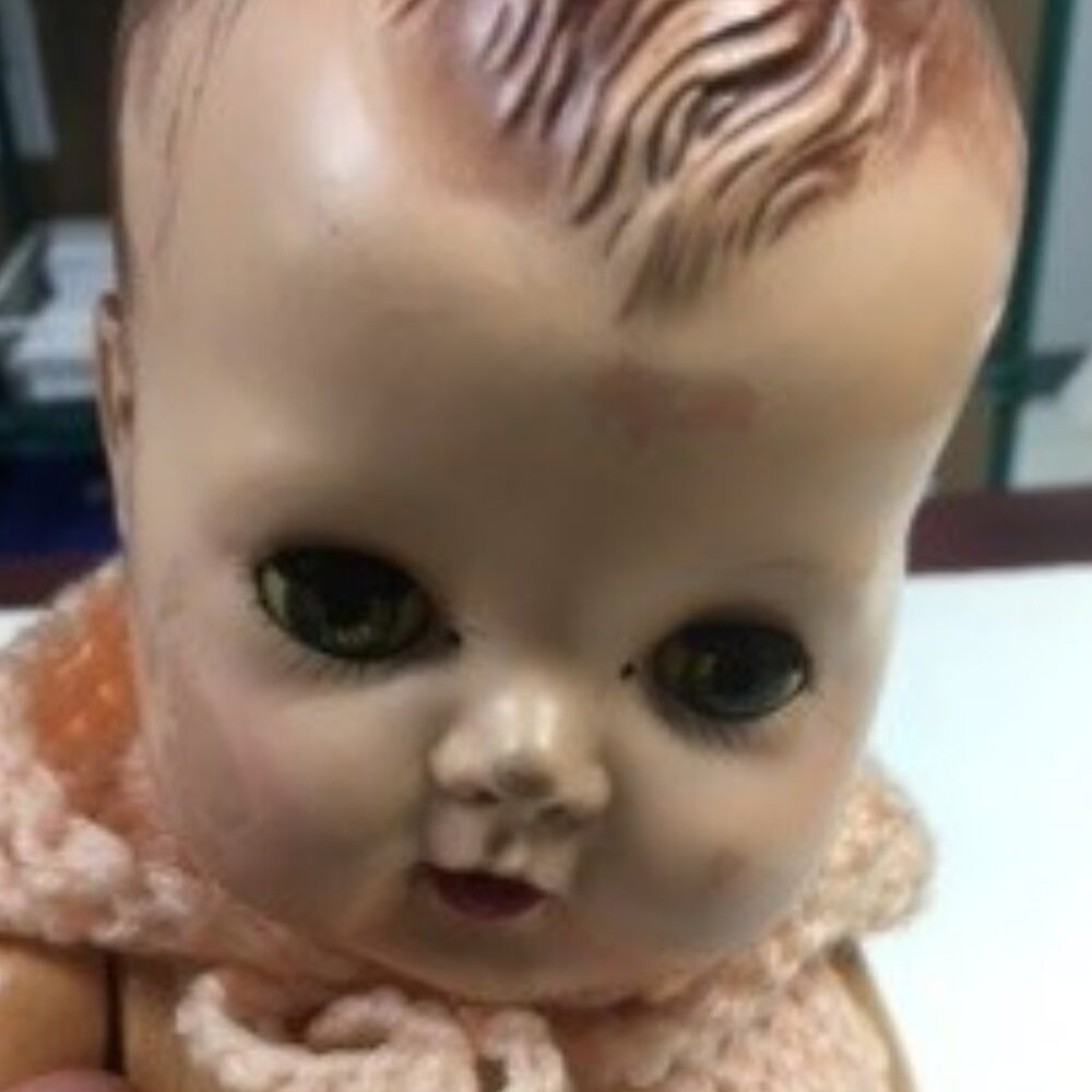 Vintage AMF Character Rubber Baby Doll 13.5" Sleep Eyes Handmade Crochet Outfit